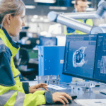An engineer wearing a high-visibility jacket works on 3D modeling software at a dual-monitor station in a factory, illustrating continuous improvement in manufacturing processes.