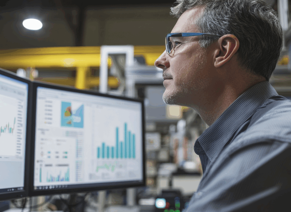 A manufacturing professional in a factory setting analyzes data charts on dual computer monitors, highlighting the pursuit of operational excellence in manufacturing.