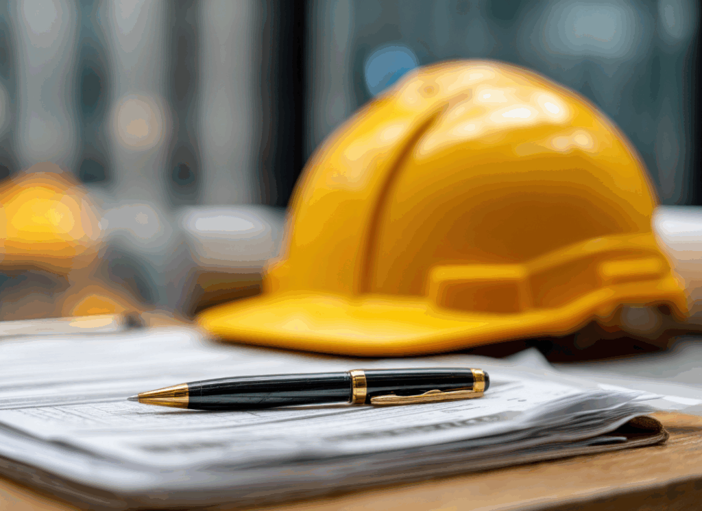 A yellow hard hat rests on construction documents with a pen, symbolizing specialized bookkeeping for general contractors.