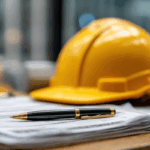 A yellow hard hat rests on construction documents with a pen, symbolizing specialized bookkeeping for general contractors.