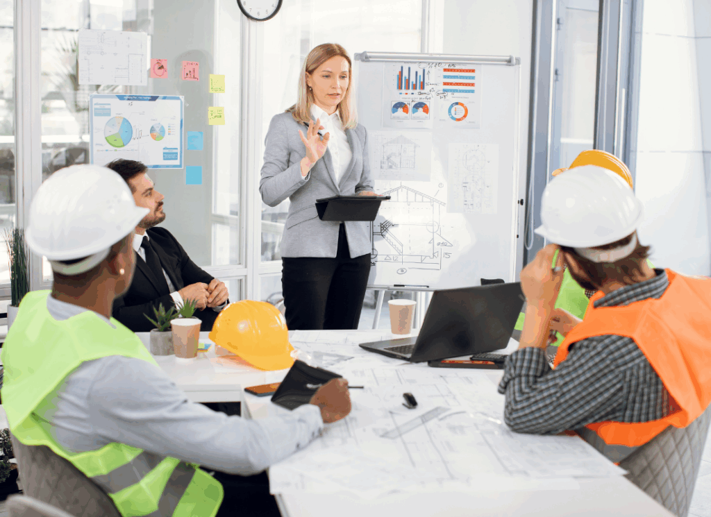 A manager leads a collaborative WIP meeting at a construction company.