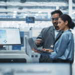 Two engineers review data on a laptop in a factory, symbolizing the importance of cybersecurity in manufacturing operations.