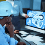 Engineers in hard hats review 3D blueprints on a computer screen, symbolizing ERP implementation in manufacturing.