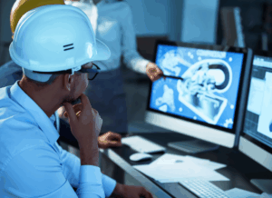 Engineers in hard hats review 3D blueprints on a computer screen, symbolizing ERP implementation in manufacturing.