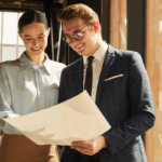 A real estate CPA and property manager review building plans together, symbolizing the added value of a CPA working alongside the property manager.