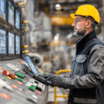 Factory worker in a hard hat operates control panels and monitors, symbolizing strategies to improve productivity in manufacturing.