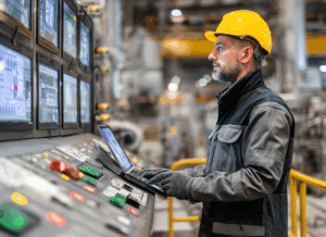 Factory worker in a hard hat operates control panels and monitors, symbolizing strategies to improve productivity in manufacturing.