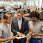 A manager reviews notes with two factory workers on the shop floor, symbolizing strategies to reduce shrinkage in manufacturing.