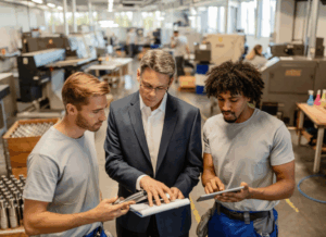 A manager reviews notes with two factory workers on the shop floor, symbolizing strategies to reduce shrinkage in manufacturing.