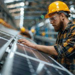 A worker wearing a yellow hard hat, safety glasses, and a plaid shirt inspects solar panels inside an industrial facility.