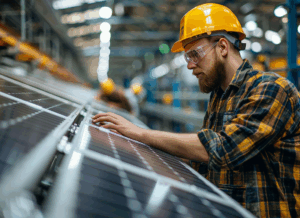 A worker wearing a yellow hard hat, safety glasses, and a plaid shirt inspects solar panels inside an industrial facility.