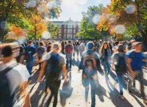 Students walk across a busy college campus on a sunny day, symbolizing change management in higher education institutions.