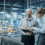 Two professionals in a manufacturing facility review data on a tablet, representing sales and use tax compliance in multi-state operations.