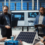 Manufacturers discuss solar panel production and design in a modern facility, representing clean energy incentives like the 45X manufacturing tax credit.