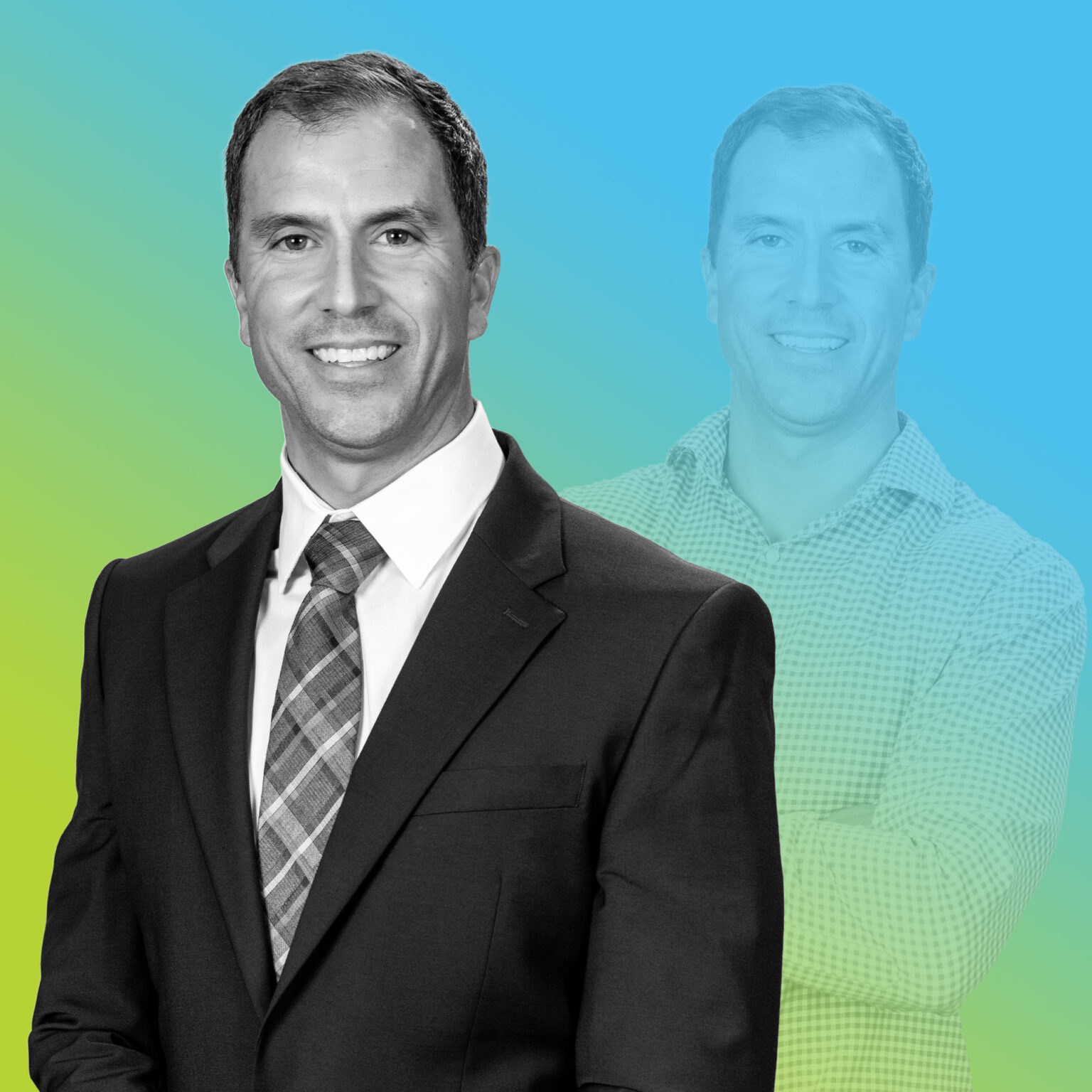 Professional headshot of Vince Tenaglia with blue to green gradient overlay.