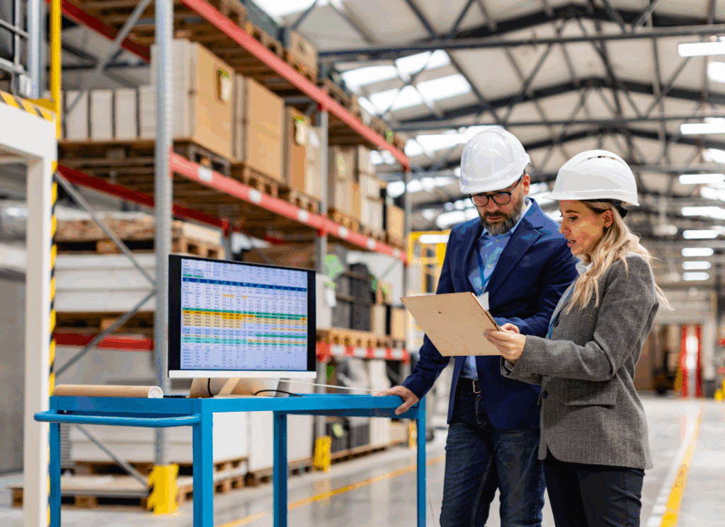 Two professionals in hard hats review a clipboard and computer data on a factory floor, representing manufacturing cost variances analysis.