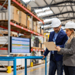 Two professionals in hard hats review a clipboard and computer data on a factory floor, representing manufacturing cost variances analysis.