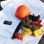 A hard hat, tools, and a calculator sit on top of construction blueprints, representing planning and bonding construction work on a job site.