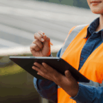 A worker in an orange safety vest uses a tablet while inspecting solar panels, representing documentation needs for the 48C manufacturing clean energy tax credit.