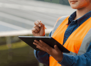 A worker in an orange safety vest uses a tablet while inspecting solar panels, representing documentation needs for the 48C manufacturing clean energy tax credit.