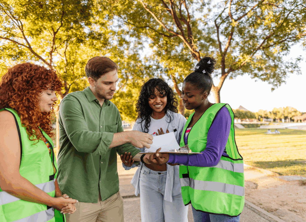 Volunteers review paperwork together in a park, illustrating how a nonprofit statement of activities helps track programs and community impact.