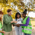Volunteers review paperwork together in a park, illustrating how a nonprofit statement of activities helps track programs and community impact.