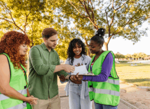 Volunteers review paperwork together in a park, illustrating how a nonprofit statement of activities helps track programs and community impact.