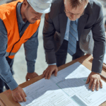 A contractor reviews plans with an advisor, both leaning over project documents and discussing construction bonding.