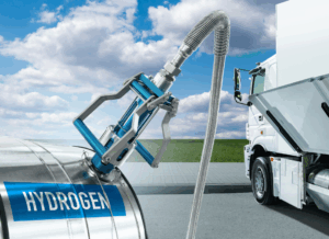 A hydrogen fuel truck refuels using a hydrogen pump, representing clean energy incentives and Hydrogen & Fuel-Cell Tax Credits under the OBBBA.