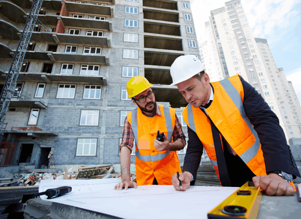 Two construction professionals in hard hats and safety vests review documents at a job site, illustrating construction profit and loss statements.