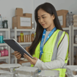 A volunteer in a safety vest reviews information on a tablet in a donation center to prepare for a single audit at a nonprofit organization.