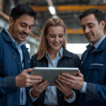 Three manufacturing professionals review data on a tablet together, collaborating on decisions related to manufacturing procurement in a factory setting.