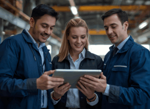 Three manufacturing professionals review data on a tablet together, collaborating on decisions related to manufacturing procurement in a factory setting.