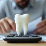 A close-up of a tooth model on a calculator as a professional reviews paperwork, representing how dental accountants support financial management for dentists.