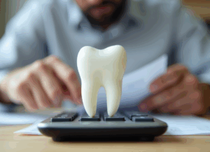 A close-up of a tooth model on a calculator as a professional reviews paperwork, representing how dental accountants support financial management for dentists.