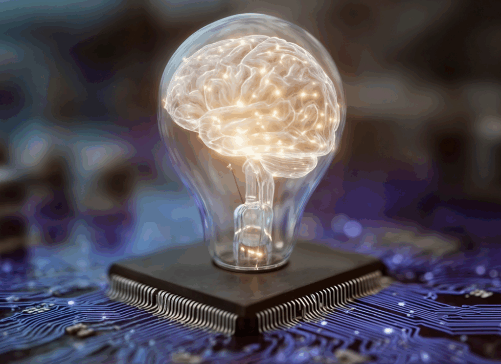 lightbulb containing an illuminated human brain; sits on top of a computer processing chip
