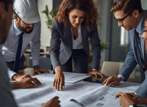 A group of construction professionals review architectural plans together at a table, collaborating on requirements for securing construction bonds.