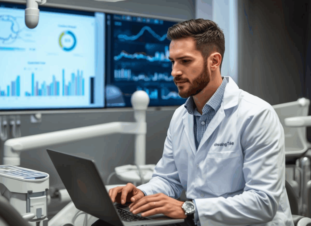 A dentist reviews financial dashboards on a laptop in a modern clinic, illustrating dental practice accounting with data-driven insights.