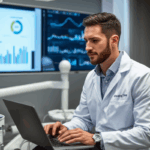 A dentist reviews financial dashboards on a laptop in a modern clinic, illustrating dental practice accounting with data-driven insights.