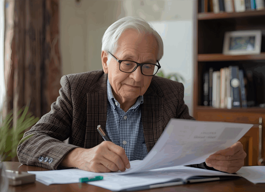 A senior reviewing tax documents at a desk, illustrating the new senior tax deduction under the One Big Beautiful Bill Act and its impact on retirement planning.