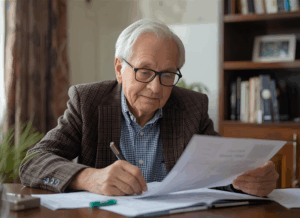 A senior reviewing tax documents at a desk, illustrating the new senior tax deduction under the One Big Beautiful Bill Act and its impact on retirement planning.