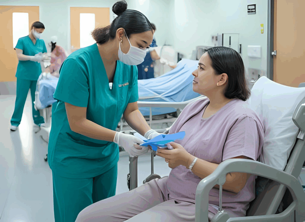 A nurse assists a seated patient in a clinical setting, representing care and services provided at a federally qualified healthcare center.