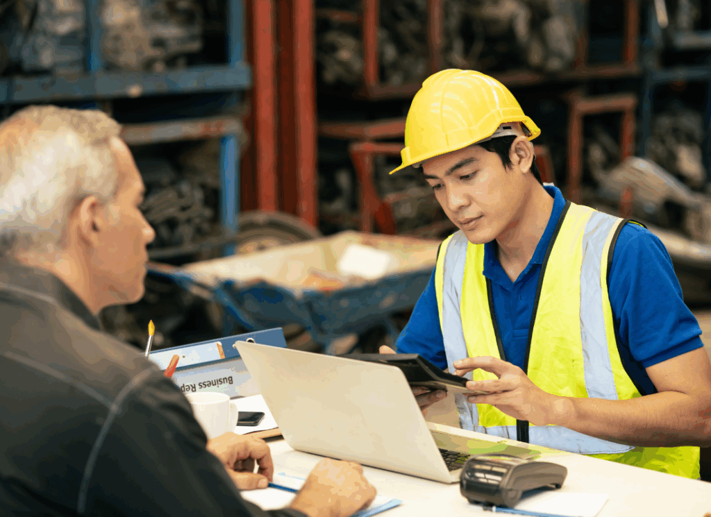 A manufacturing worker reviews costs on a tablet with a manager, illustrating job costing for manufacturing during a production planning discussion.