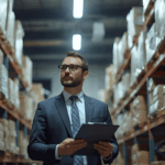 A manufacturing CFO holding a clipboard inspects inventory in a warehouse.
