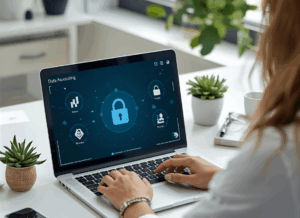 A healthcare professional using a laptop with a security dashboard, illustrating HIPAA compliant accounting software for protecting sensitive financial and healthcare data.