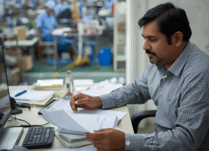 A manufacturing manager reviews financial documents at his desk in a factory office, illustrating how businesses track and manage indirect manufacturing costs.