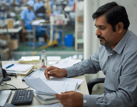 A manufacturing manager reviews financial documents at his desk in a factory office, illustrating how businesses track and manage indirect manufacturing costs.