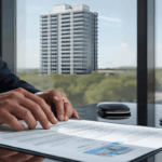 A real estate investor reviews legal documents at an office desk with a high-rise view, illustrating special purpose entity real estate planning and structuring.