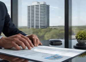 A real estate investor reviews legal documents at an office desk with a high-rise view, illustrating special purpose entity real estate planning and structuring.