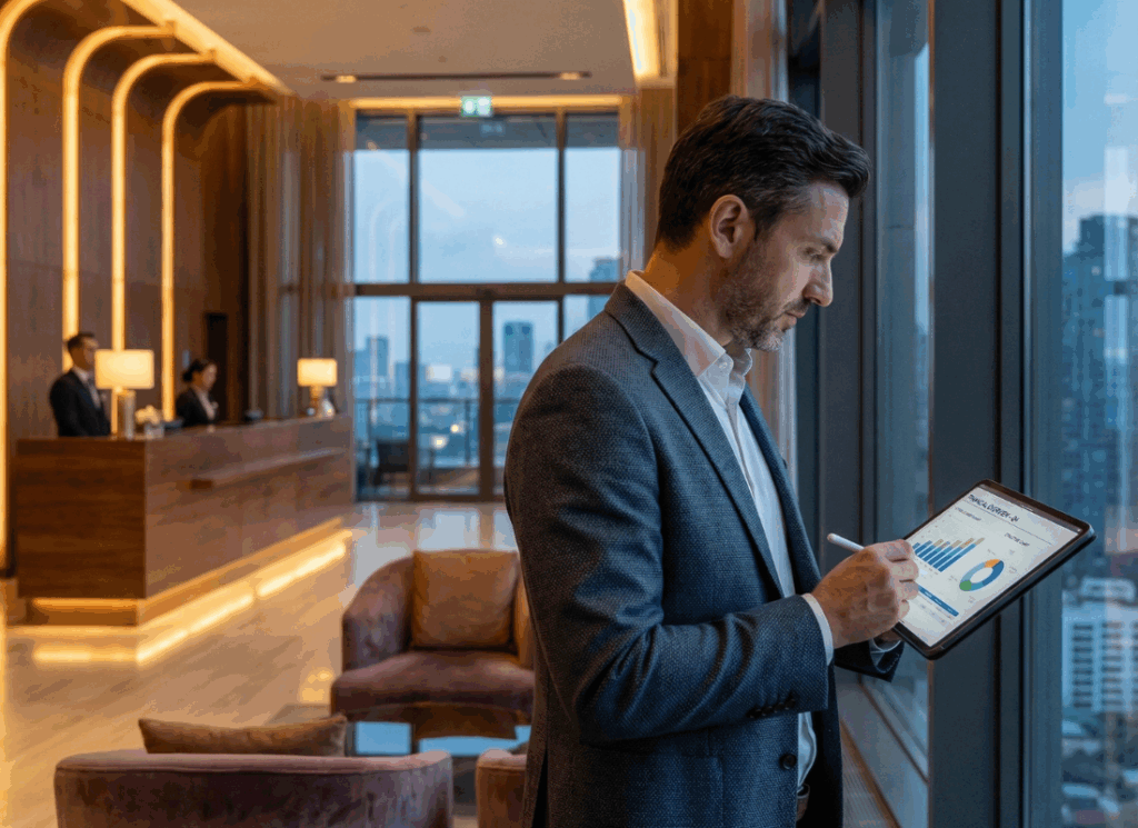 A hotel executive reviews financial charts on a tablet in a modern lobby, illustrating guidance on how to structure your hotel business for success.
